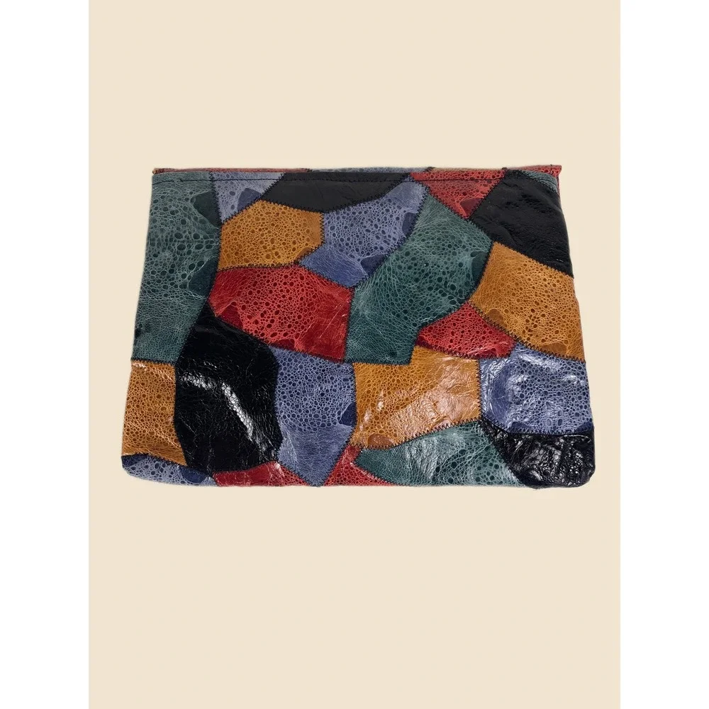 Vintage 90s Clutch Purse Handcrafted Leather Crazy Quilt Patchwork Statement